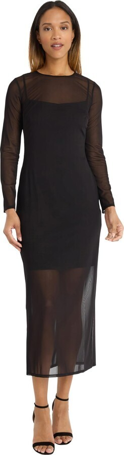 Donna Morgan Long Sleeve Midi Sheer Mesh Overlay Dress Women's 10 Black  Back Zip