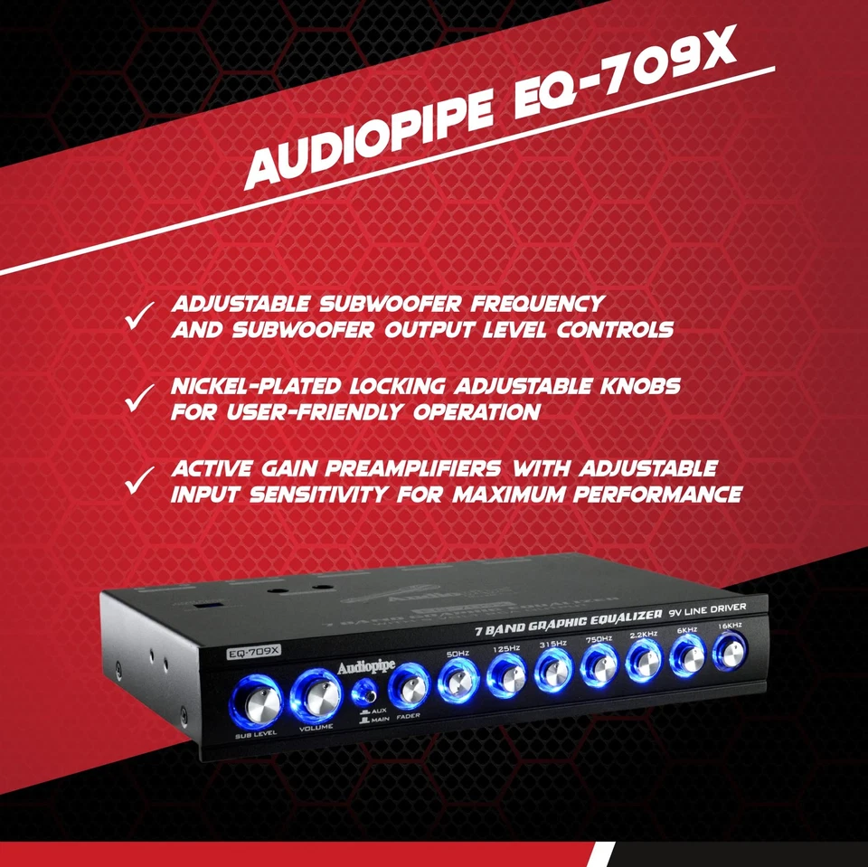 7 Band 9V Line Driver with Subwoofer Control Graphic Equalizer EQ-709X Audiopipe - Image 2 of 4