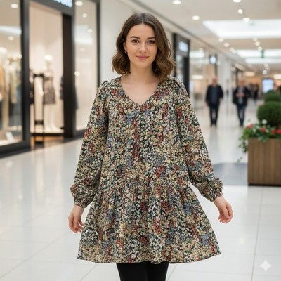 HM Womens Large Floral V-Neck Tiered Mini Dress Long Sleeve Boho Navy Blue L