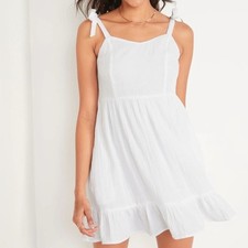 Old Navy Dress Womens Large White Fit & Flare Tie Shoulder Cami Swing Mini Gauzy