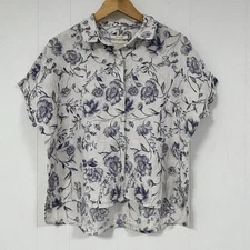 Cynthia Rowley 100% Linen Floral Button Front Shirt Women’s Small Blue White