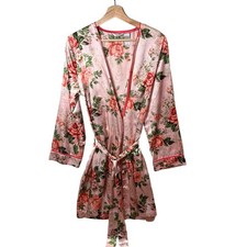 Adonna  Vintage Satin Robe Pink Floral Silky Belted Size M