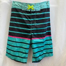 Cat  Jack Boys' Striped Swim Shorts M 8/10 Green Gray Pink Bathing Suit Trunks