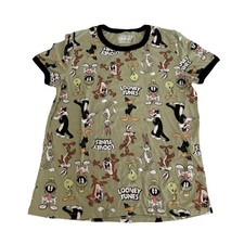Looney Tunes All Over Print Ringer T-Shirt Green Kids XXXL Bugs Bunny Daffy Duck