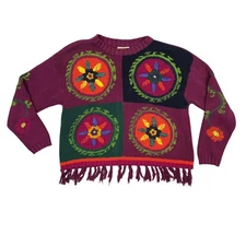 ESPRIT Sweater Womens Medium M Burgundy Red Floral Knit Color Block Tassel Fall