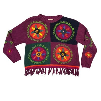 ESPRIT Sweater Womens Medium M Vintage Burgundy Red Floral Color Block Tassel