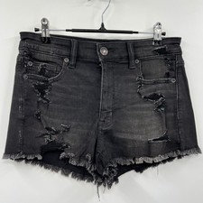 American Eagle 6 Hi-Rise Shortie Women Black Distressed Raw Hem Denim Shorts