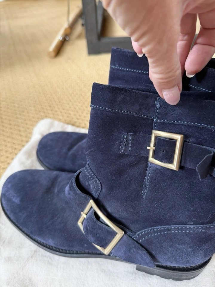 Jimmy Choo Navy Blue Suede Short Motorcycle Boots 37.5 - Image 3 of 4