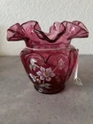 Hand Painted Flowers On Fenton Cranberry Glass Ruffled Vase Signed Original Tags