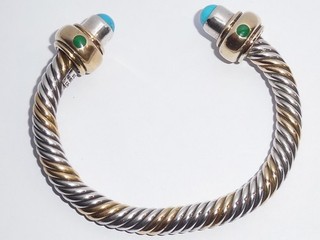 VINTAGE TAXCO STERLING SILVER & BRASS TURQUOISE CABLE STYLE CUFF BRACELET