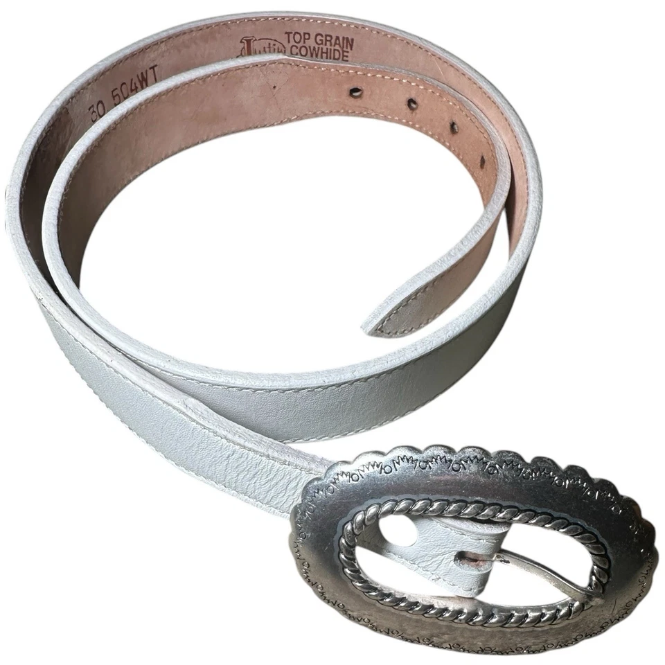 Fivela de cinto Justin White couro-prata Concho couro bovino tamanho 30 1992 VINTAGE 504WT - Imagem 2 de 4