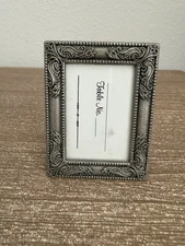 Miniature Ornate Picture Frame Silver Metal Scroll Work 3x2.25” Antique Finish