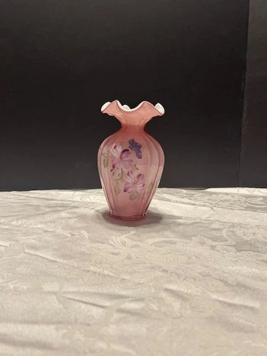 Fenton Dusty Rose Overlay Vase with a Hand-Painted  Butterfly and Floral Design