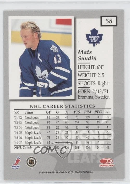 1997-98 Donruss Elite Mats Sundin #58 HOF - Image 2 of 2