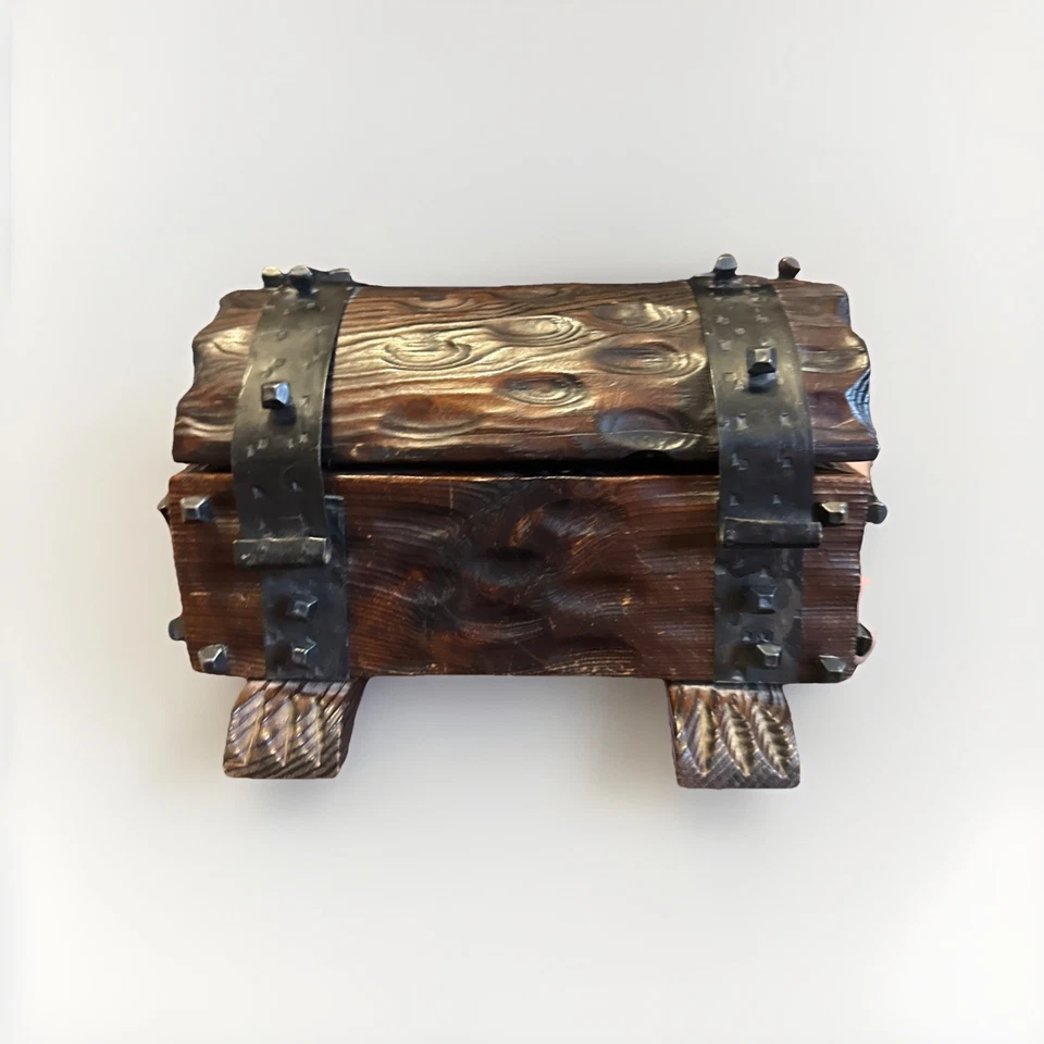 Vtg Spanish Mediaeval Carved Wood Pirate Treasure Chest Jewelry Trinket Box - Image 2 of 4