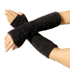 Women Arm Warmers Knit Mitten Mink-Like Furry Fingerless Gloves with Black