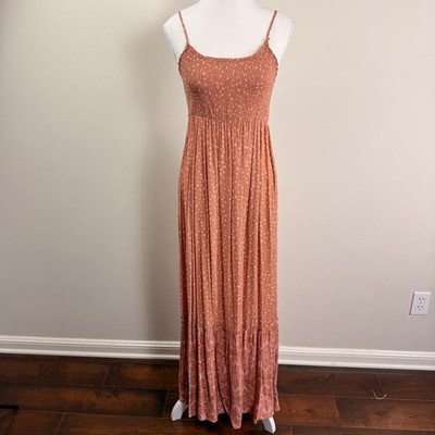 Hippie Rose Womens Terracotta Floral Smocked Tiered Maxi Dress Size Medium