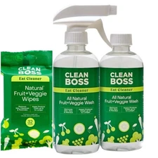 Clean Boss Eat Cleaner Triple Action Fruit Veggie Wash 2 x 12 oz & 1-pk 32 Wipes