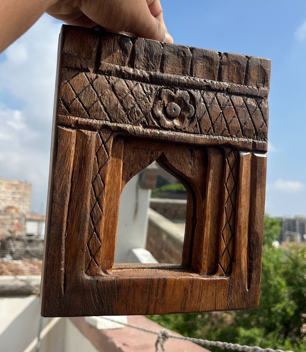 Antique Wooden Hand Painted Wall Hanging Jharokha Mirror Frame