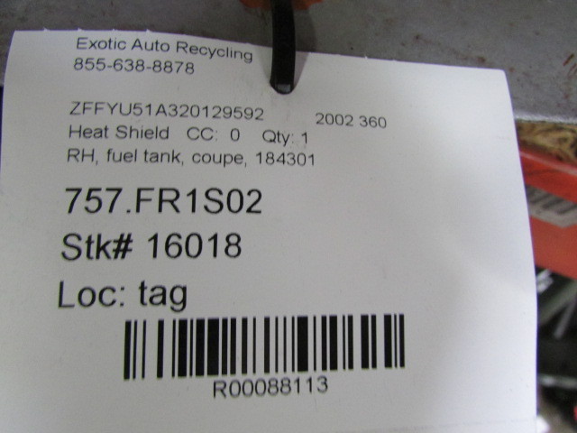 Ferrari 360, Coupe, RH, Right Fuel Tank Heat Shield, Used, P/N 184301