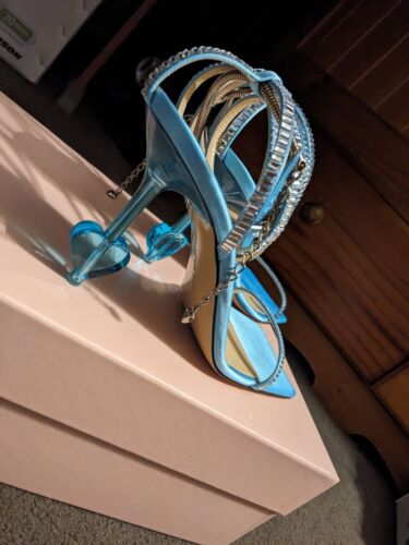 MACH & MACH Heart Heel Crystal-embellished Satin Sandals IT40 - Photo 1/8
