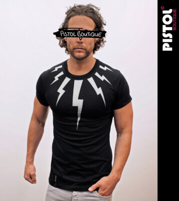 T-shirt Homme Pistol Boutique - Motif éclair Et Boulons, Col Ras Du Cou, Manches Roulées, Noir, Neuf Avec étiquettes
