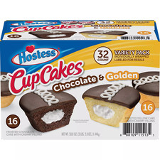 HOSTESS GOLDEN, CHOCOLATE CUPCAKES VARIETY PACK, INDIVIDUALLY WRAP 32 CUPCAKES