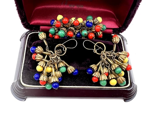 MIRIAM HASKELL VERY EARLY SET BROOCH EARRINGS MULTICOLOR GLASS DANGLE BEADS WIRE