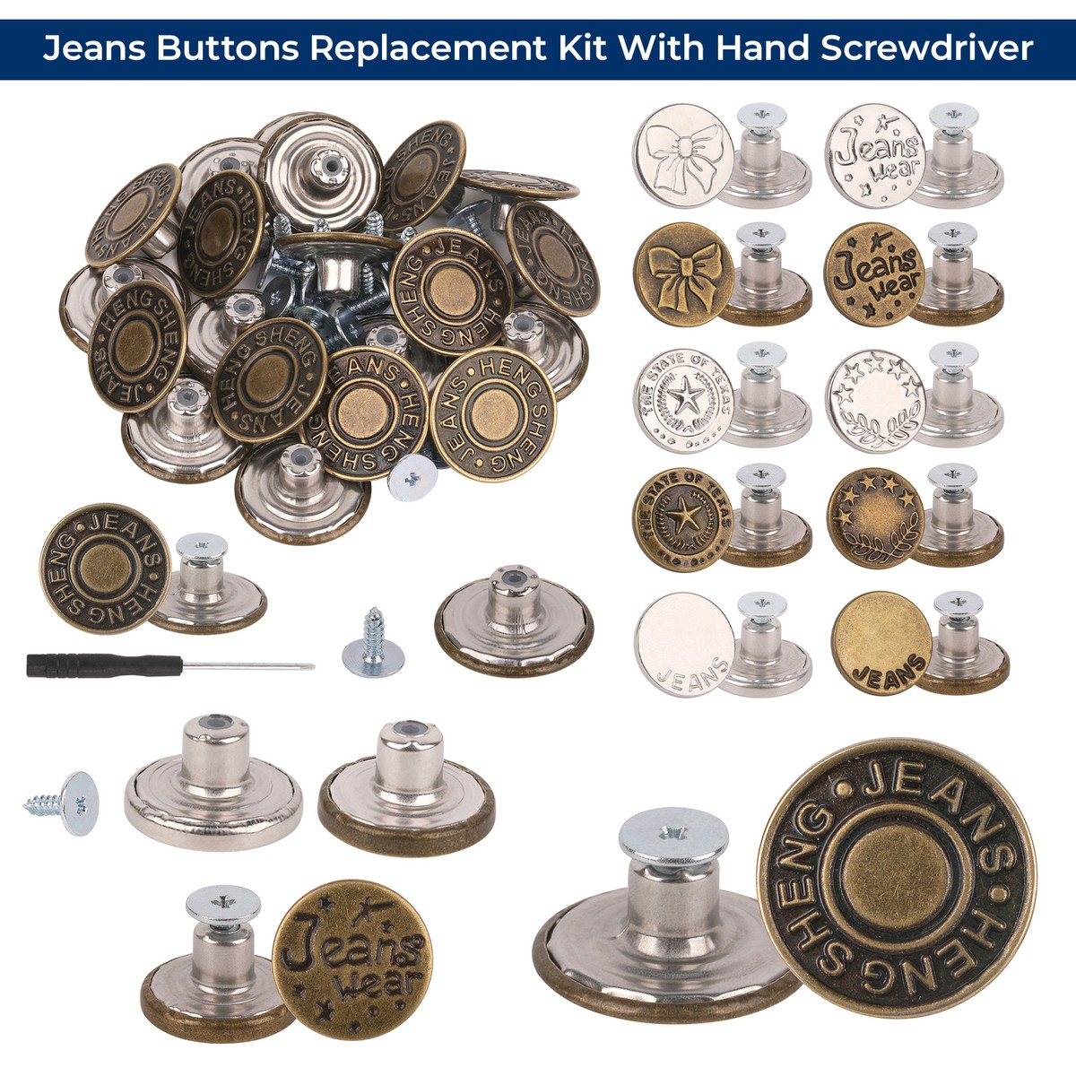20 Sets 17mm Jean Buttons – Detachable Metal Button Pins For Adjusting Pants Waist, No Sew Required
