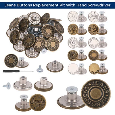 ARTS-AND-CRAFTS-WORLD-UK Metal Jeans Buttons Replacement Kit with Hand Screwdriver 17mm 20mm Buttons