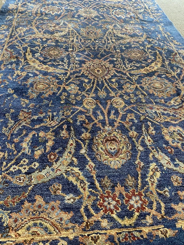 4’ X 6’ Transitional Hand Knotted  Area  Rug Sari Silk Floral Navy Blue/gold A - Image 2 of 4