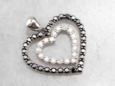 0.50CT Round Black & White Moissanite Heart Shape Pendant 14K White Gold Plated