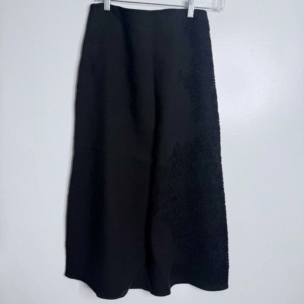 NWT Massimo Dutti Black Linen Blend Skirt With Embroidery Beads Size Small