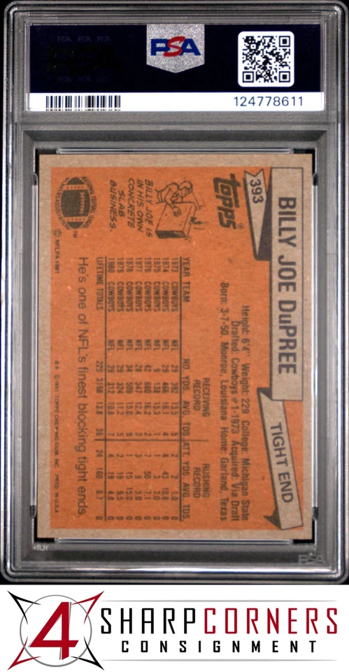 1981 TOPPS #393 BILLY JOE DUPREE COWBOYS PSA 10 - Image 2 of 3