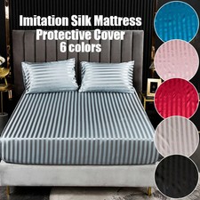 European Classic Striped Satin Fitted Sheet Elastic Band Mattress Cover Double/Q