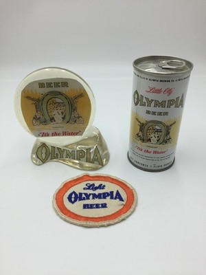 Vtg Olympia Beer Collectible Pull Tab Can,Lucite Paperweight,Light Beer Patch