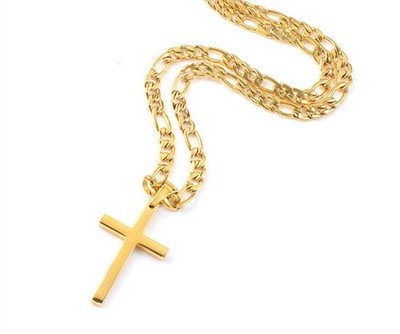 Gold Flat Figaro Chain Necklace with Cross Pendant for Men Women 20 Inch 18K ...