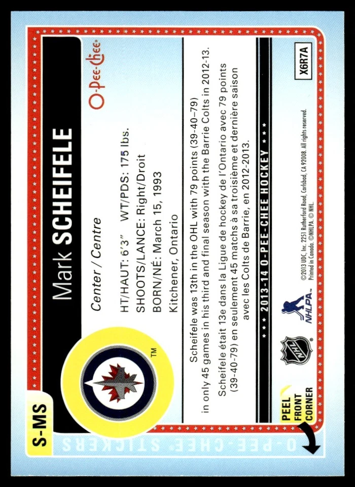 2013-14 O-Pee-Chee Stickers Mark Scheifele Winnipeg Jets #S-MS - Image 2 of 2