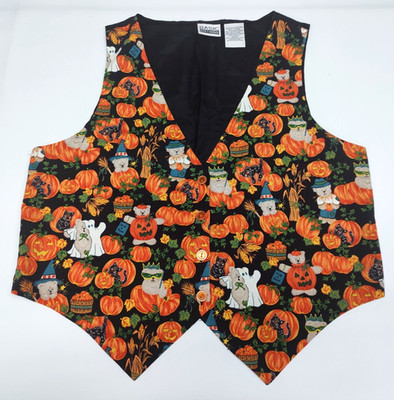 Vtg Basic Editions Womens Halloween Vest~ Ghost Pumpkin Bear Boo Cats~ Sz Med