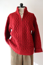 90s Ralph Lauren Red Wool Cable Knit Aran Fisherman Cardigan Sweater Women M L