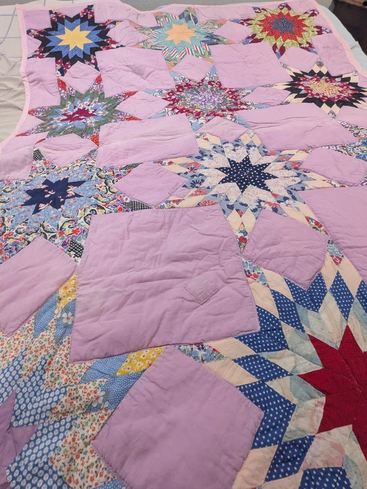 Vintage handmade quilt blue floral star cotton primitive As Is - Image 2 of 4