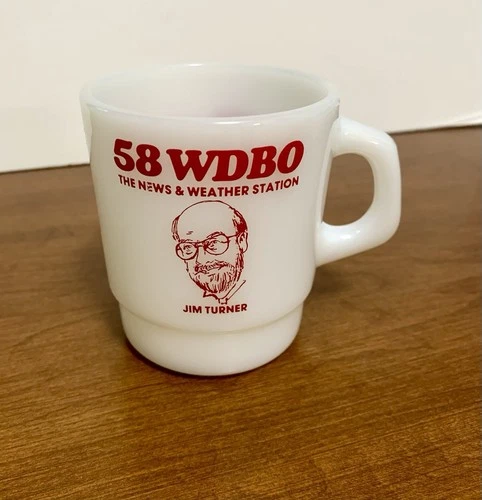 Vtg 1970s News Weather Station Radio 58 WDBO Orlando Milk Glass Mug Jim Turner *