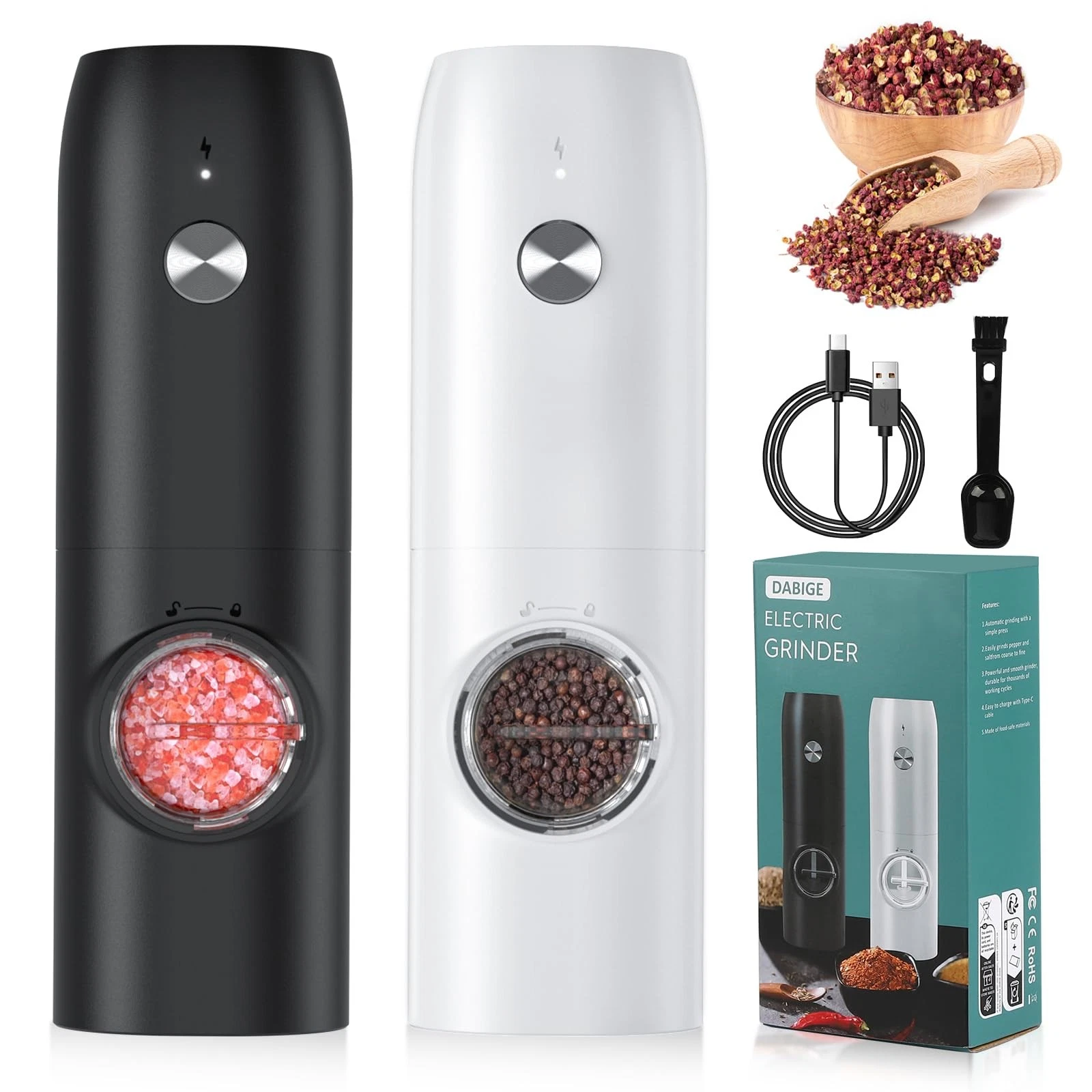 Electric Salt and Pepper Grinder Set (2 Pack), USB Middle, Black/White