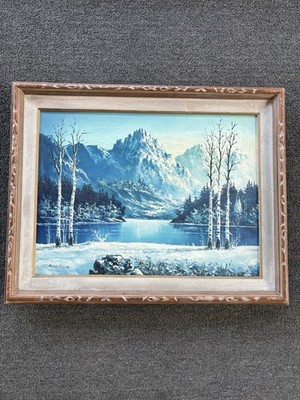 Vintage Oil on Canvas Painting Winter Mountain Lake Landscape Signed  Sung Kyu 