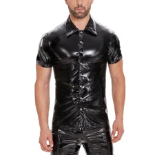 Sexy Men's WetLook Patent Shiny PVC Leather Shirts Coat Top Clubwear Costume