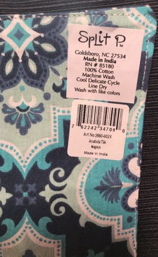 Set 4 Split P Anatolia Tile Aqua Navy Lined Reversible 100% Cotton napkins - Picture 4 of 4