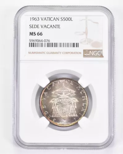 MS66 1963 Vatican 500 Lire Silver - Sede Vacante - NGC - INSANE Tone *8871