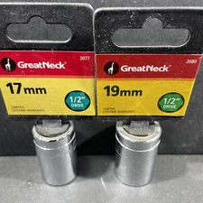 2- 17mm & 19mm Shallow Great Neck Sockets, 6 Point, 1/2” Drive, Unused 2077 2080