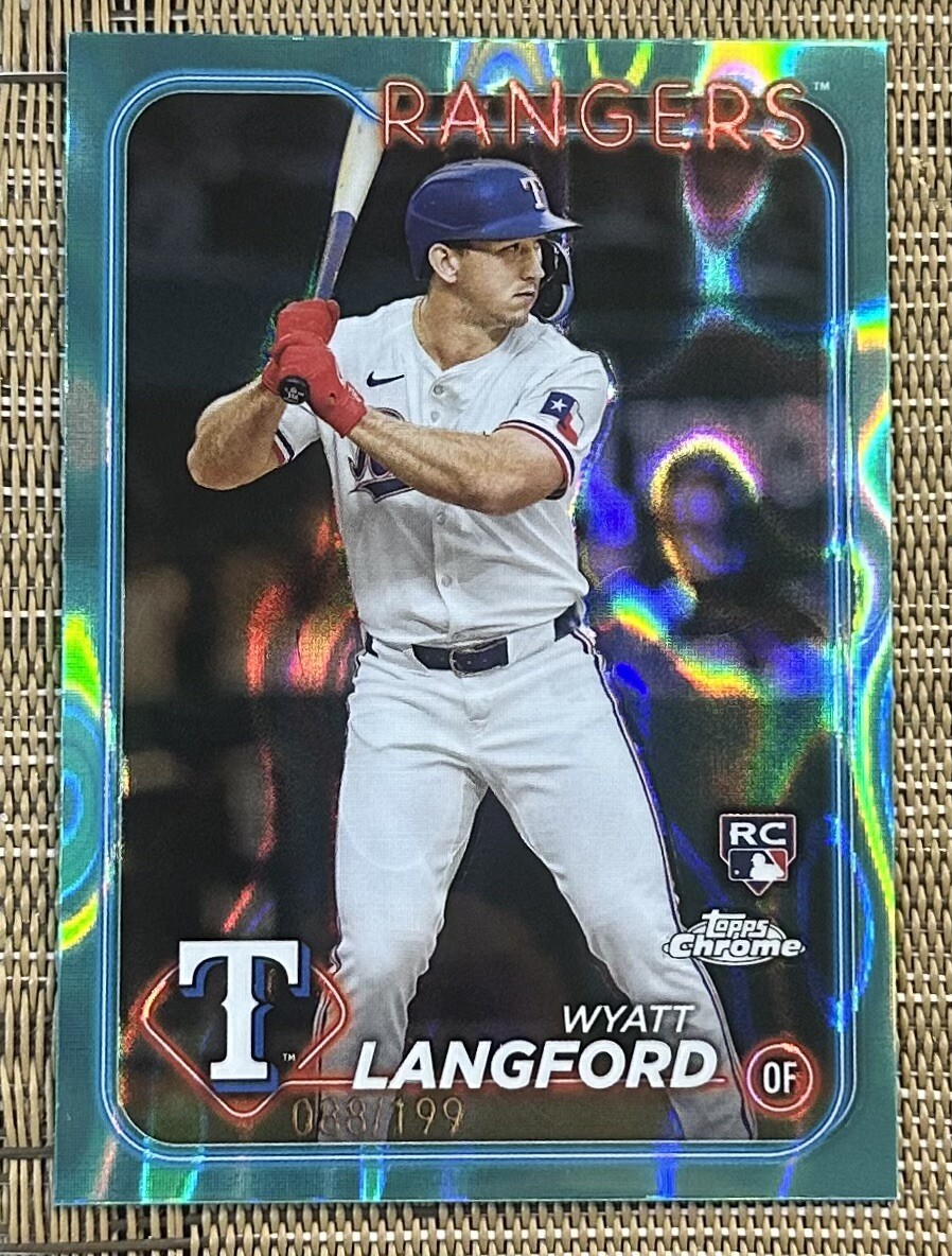 2024 Topps Chrome Wyatt Langford RC Rookie Rangers #122 Aqua Lava /199