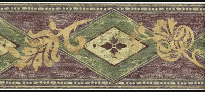 8 Purple Green Diamonds Golden Gold Tan Leaf Scroll Distressed Wallpaper Border